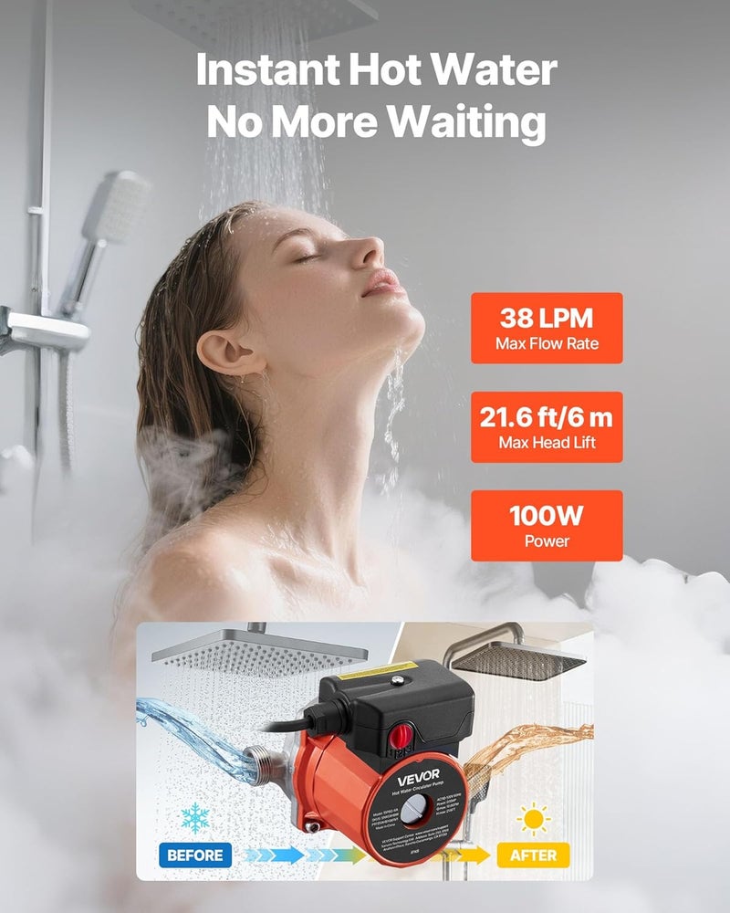 VEVOR مضخة إعادة تدوير المياه الساخنة، 10 جالون في الدقيقة، نظام مضخة تدوير فوري، تحكم بسرعة 3، 0.13 حصان، 110-120 فولت، محول NPT 3/4 بوصة إلى NPT 1/2 بوصة، رأس من الفولاذ المقاوم للصدأ، لمدافئ المياه - Image 2